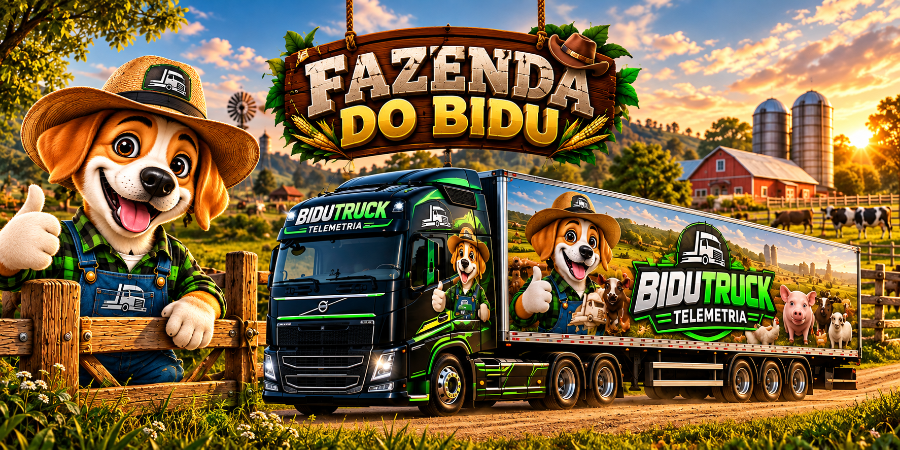 Fazenda do Bidu: mascote fazendeiro, caminhão BiduLog e uma fazenda ao pôr do sol